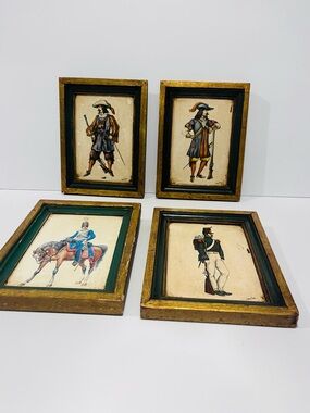 Antique Prints on Board Spain & European Solders from 18th Century Set of 4
